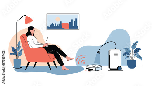 Woman relaxing with a drink in a modern living room while a smart robot vacuum cleaner handles the household chores automatically at home.