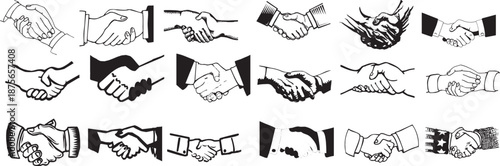 Handshake icon set isolated on white background. Human hands greeting, agreement, partnership, and cooperation gestures in line and silhouette styles. Business, teamwork, and trust symbols for web, UI