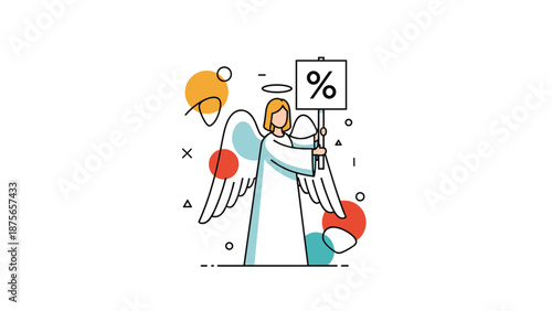 Winged angel figure standing and holding a white sign with a percentage symbol to represent financial aid or interest rate fluctuations.
