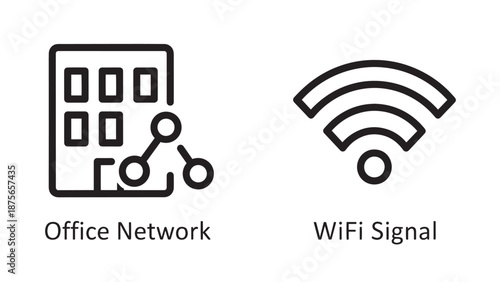 Telecommunication and workspace icons representing an office network building with connection nodes and a universal WiFi wireless signal symbol.