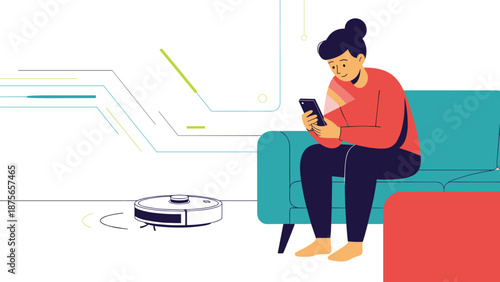 Woman sitting on a blue sofa and using a mobile app on her smartphone to control a smart robot vacuum cleaner in a modern living room.
