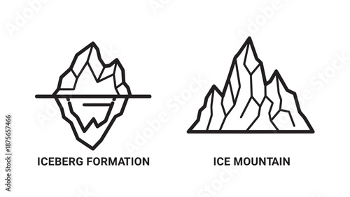Frozen mountain icons showing a cross-section of an iceberg formation with its submerged part and a jagged ice mountain peak for polar concepts.