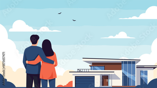 Young couple looking at their dream modern house under a bright blue sky to represent successful home ownership and property investment.