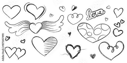 Hand drawn heart doodle set on white background, Cute love heart sketch illustration collection, Romantic doodle hearts outline art bundle vector.