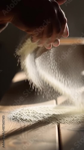 Flour scattering in gentle light: kitchen artistry captured