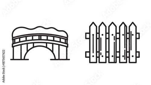 Winter Outdoor Architecture Icons Illustrating a Snow Covered Arch Bridge and a Wooden Fence