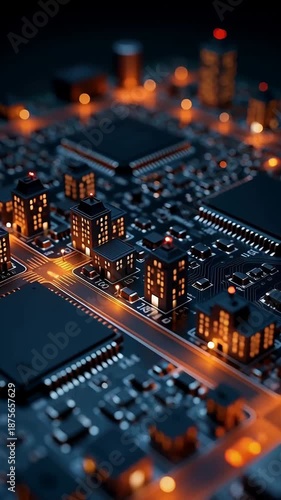 Miniature cityscape on computer circuit board glowing with orange lights