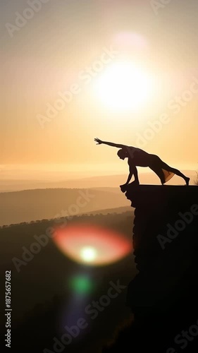 Silhouette of person on cliff at sunset demonstrating balance strength