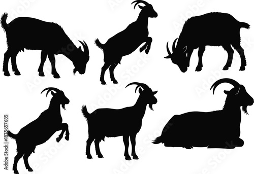 Silhouette vector set of goats in various poses and stances, perfect for farm, design, and educational use