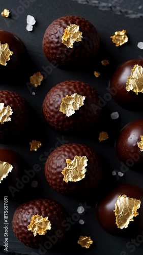 Luxury chocolate pralines with gold leaf garnish in elegant arrangement