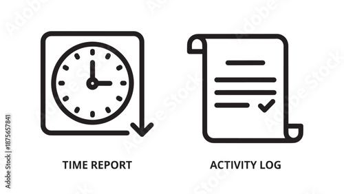 Clock icon indicating time and a document with a checkmark for activity log, representing time management and task tracking.