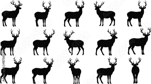 Silhouettes of Deer with Antlers in Various Poses Arranged in Grid Format for Wildlife and Nature Design Use