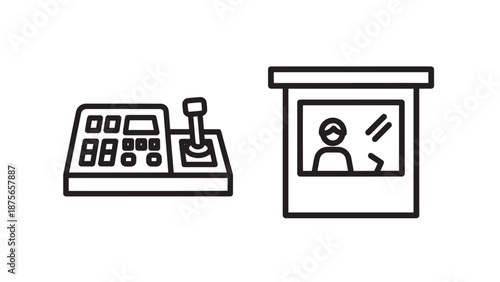 Cash register and ticket booth icons, symbolizing commerce, sales, and service points.