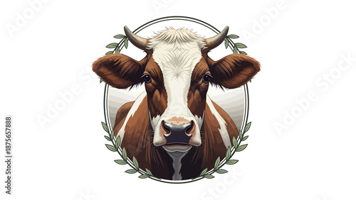 Close up portrait of a brown and white cow with horns.