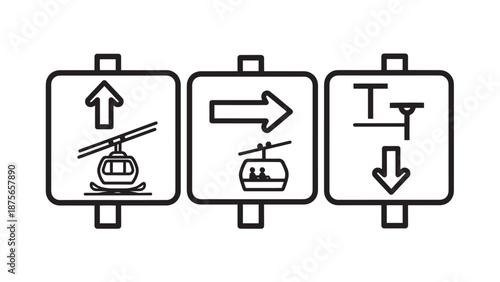 Ski lift direction signs, showing routes for uphill, downhill, and turns on mountain slopes.