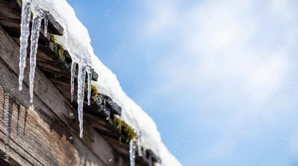 Fototapeta premium Icicles drip from snowy roof edge. Icicles sparkle in sun, melting drops fall beside wooden shingles, winter weather scene with copy space for spring thaw safety tips, home maintenance concept