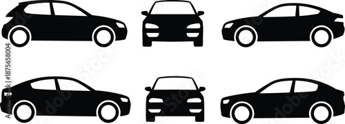 Set of 6 car silhouette icons including hatchback, sedan, and coupe styles, ideal for automotive and transport design themes.