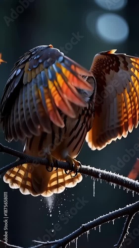 Majestic owl perched on frosty branch at twilight