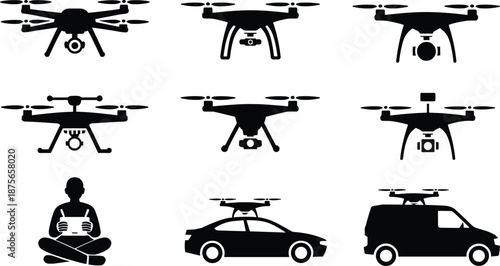Set of 12 drone and operator silhouette icons including vehicles and remote control, ideal for tech, surveillance, and delivery themes.