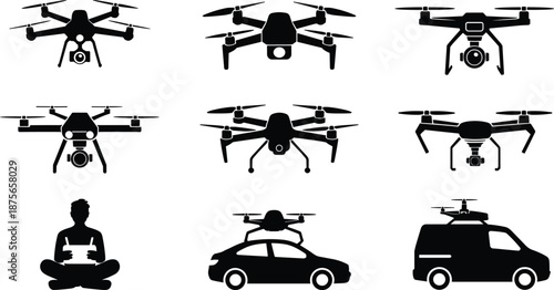 Set of 12 drone and operator silhouette icons including vehicle-mounted drones, ideal for tech, surveillance, and delivery themes.