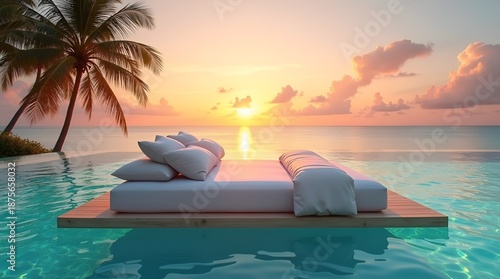 High-end floating double bed in a luxury villa pool, crisp white bedding, golden-hour sunset, tranquil summer retreat