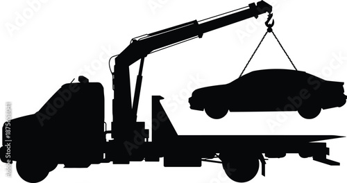 Tow truck crane lifting car silhouette isolated on white background, roadside assistance and vehicle recovery service concept, automobile towing transportation illustration