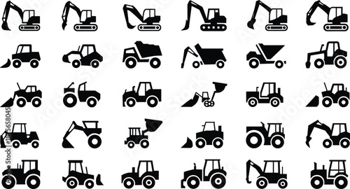 Set of 30 construction and agricultural vehicle silhouette icons including excavators, tractors, and dump trucks for industrial design use.