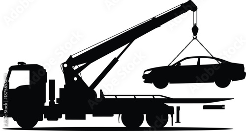 Tow truck crane lifting car silhouette isolated on white background, vehicle recovery and roadside assistance concept, automobile towing service transportation illustration