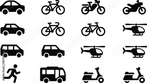 Transportation silhouette icon set isolated on white background, car bicycle motorcycle helicopter bus scooter and pedestrian symbols, urban mobility illustration collection