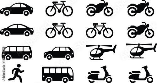 Transportation silhouette icon set isolated on white background, car bicycle motorcycle helicopter bus scooter and pedestrian symbols, modern mobility illustration collection