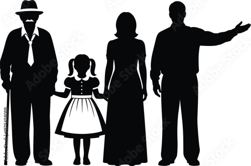Family silhouette with grandfather mother father and little daughter holding hands generations together love support vector illustration isolated background