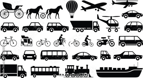 Transportation silhouette icon set isolated on white background, vehicles from horse carriage to airplane, car bus bike train ship travel collection