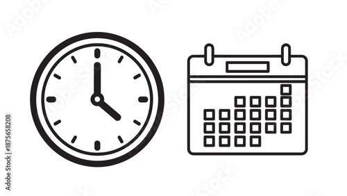 Time and Planning Icons: Clock Face and Calendar Grid Symbolizing Scheduling and Deadlines
