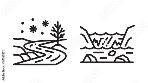 Winter Landscape Icons: Snowy River Path and Submerged Objects Symbolizing Frozen Waterways