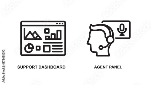 Customer Service Icons: Support Dashboard Interface and Agent Panel with Headset and Microphone