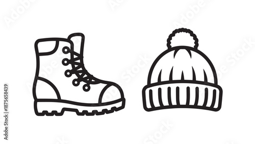 Winter Gear Icons: Hiking Boot and Beanie Hat Icons for Outdoor Activities