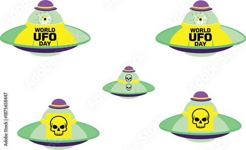 World UFO Day Vector Illustration Set with Colorful Flying Saucer Spaceships, Alien Symbols, and Sci-Fi Cartoon Style