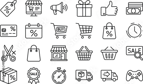 Shopping and E-Commerce Icons Set Featuring Sale Tags, Carts, Delivery Trucks, Credit Cards, Storefronts, Coupons, and Marketing Symbols