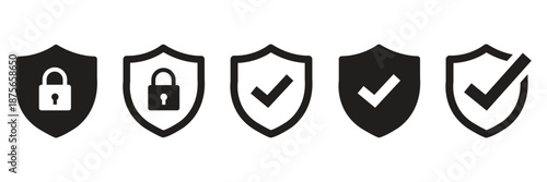 Set of security shield icons, security shields logotypes with check mark and padlock. Security shield symbols. Vector illustration.