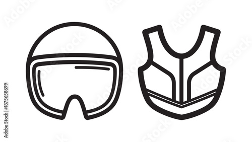 Minimalist line icons of a ski helmet with goggles and a protective vest, essential gear for winter sports and extreme activities.