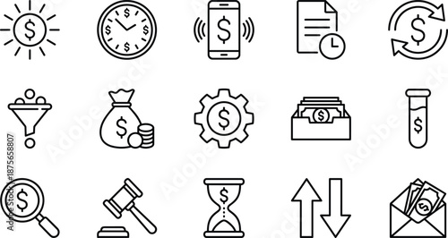 Finance and Economy Icons Set Featuring Dollar Symbols, Time, Mobile Payments, Investment, Regulation, Analysis, and Money Management Tools