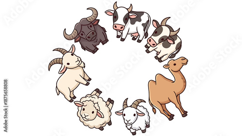 A delightful circular arrangement of various farm animals and livestock.