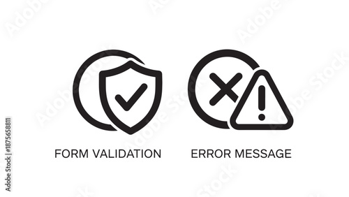 Icons for form validation with a shield and checkmark for success, and an error message symbol with a warning triangle and X.