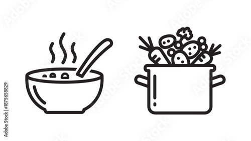 Line art icons of a steaming bowl of soup and a pot filled with fresh vegetables, representing healthy food, cooking, and meals.