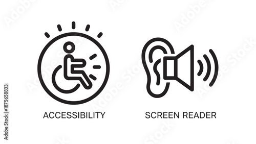 Icons representing accessibility for people with disabilities and a screen reader symbol with an ear and sound waves for inclusive design.