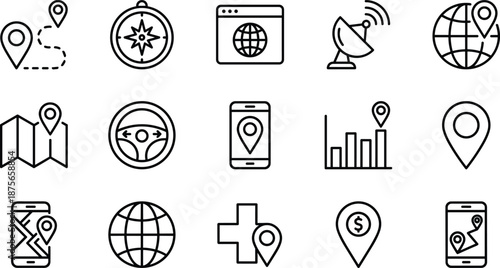 Navigation and Location Icons Set Featuring GPS Pins, Maps, Compass, Smartphone, Satellite, Globe, and Directional Tracking Symbols