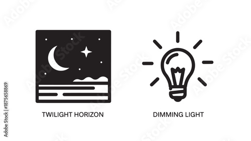 Line icon of a twilight horizon with a crescent moon and star, and a dimming light bulb symbol for nighttime and energy saving concepts.