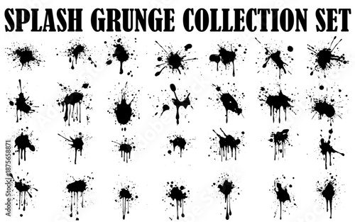 Grunge ink splatter. Splash of paints, spray drops staining and frame with wet paint drop traces  set. Illustration splash and drip design, silhouette blob spray collection. 