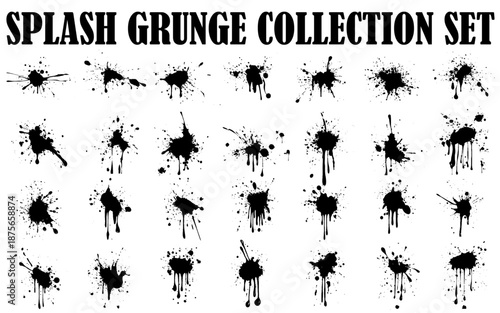 Grunge ink splatter. Splash of paints, spray drops staining and frame with wet paint drop traces  set. Illustration splash and drip design, silhouette blob spray collection. 