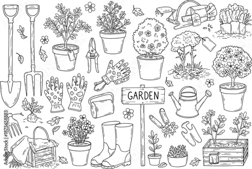 gardening, tools, plants, shovel, rake, trowel, spade, shears, gloves, boots, wheelbarrow, crate, basket, watering, garden, artwork
